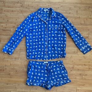 Equipment 100% Silk Pajama Lounge Set - blue and white bunny mushroom small